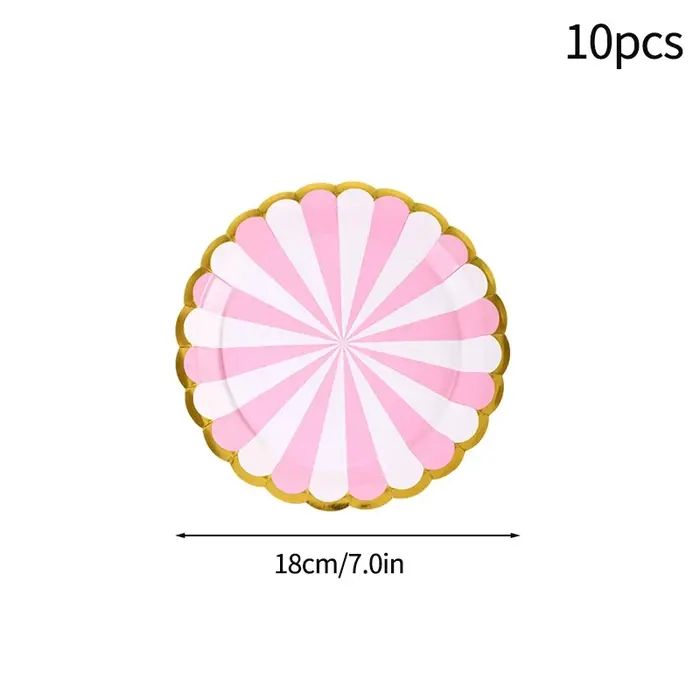 Vaisselle jetable écologique rayée pour fête d'anniversaire, ensemble de gobelets et d'assiettes en