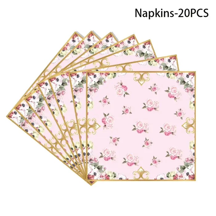 Vaisselle Jetable Thème Thé Rétro Filles Anniversaire Fleurs Assiettes En Papier Tasses Serviettes EVJF Mariage Décoration Élégante Fête Prénuptiale Baby Shower Fournitures De Table Floral Romantique