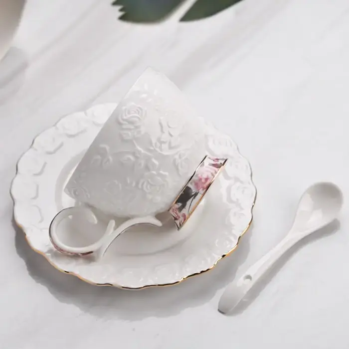 Vintage en céramique tasse à café cuillère assiette ensemble de luxe exquis Latte fleur thé eau