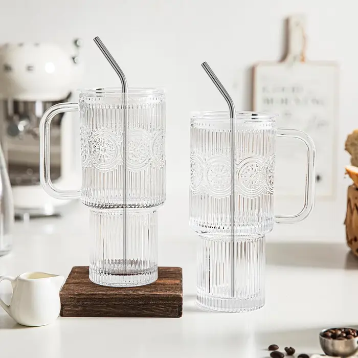 Gobelets en verre côtelés et à motifs floraux de 500 ml avec couvercles/pailles – Tasses réutilisables pour café