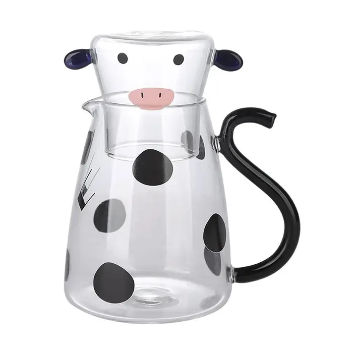 Bouilloire d'eau froide en verre avec poignée, jolie tasse froide de vache de dessin animé, théière