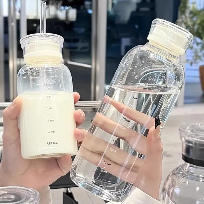 Grande bouteille d'eau en verre avec paille de 300/500/750ml