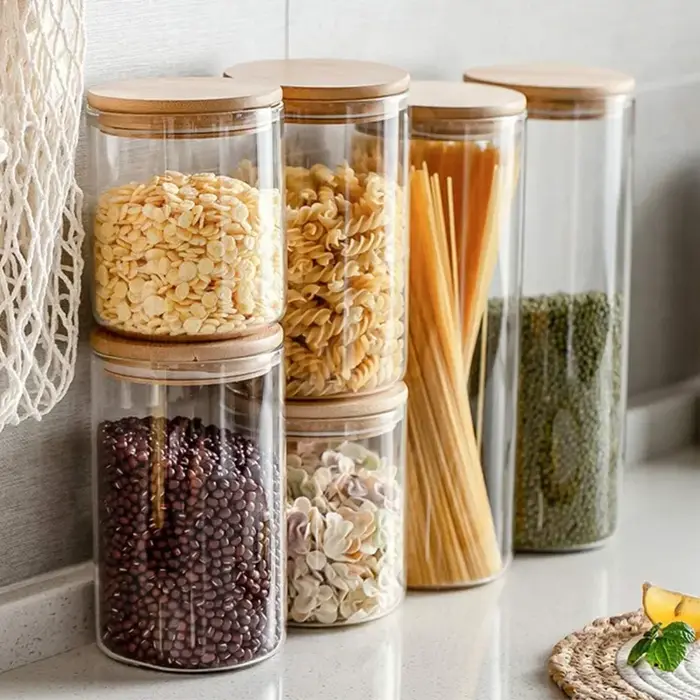 Lot de 5 récipients en verre de 300/550 ml avec couvercle en bois