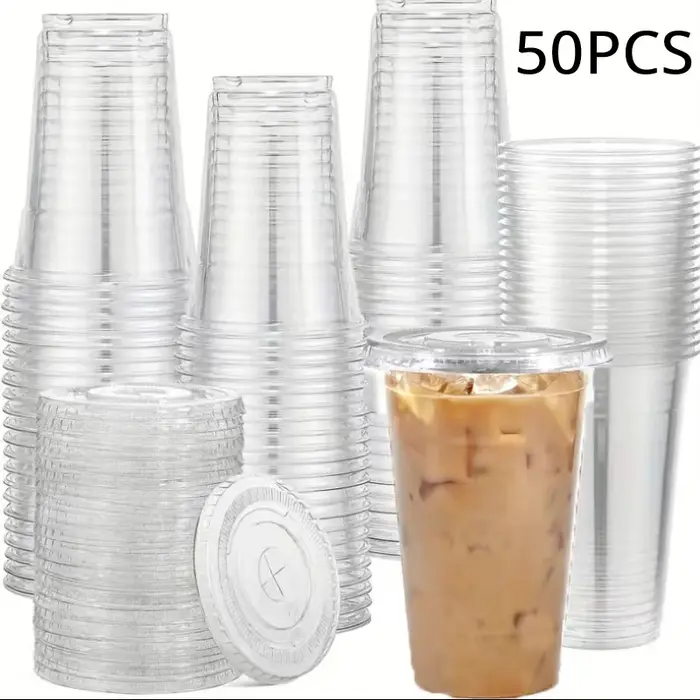 Gobelets en plastique transparent de 16OZ, 50 pièces, couvercles plats, gobelets jetables pour fête 