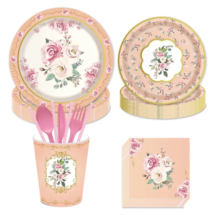 Fournitures de fête florales Vintage vaisselle fleur assiette en papier tasse serviette douche nuptiale mariage anniversaire décoration jardin Tea Party