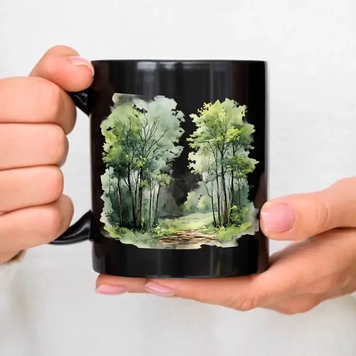 Tasse en céramique, conception d'aquarelle de paysage de forêt noire, adaptée au café, au thé, au pe