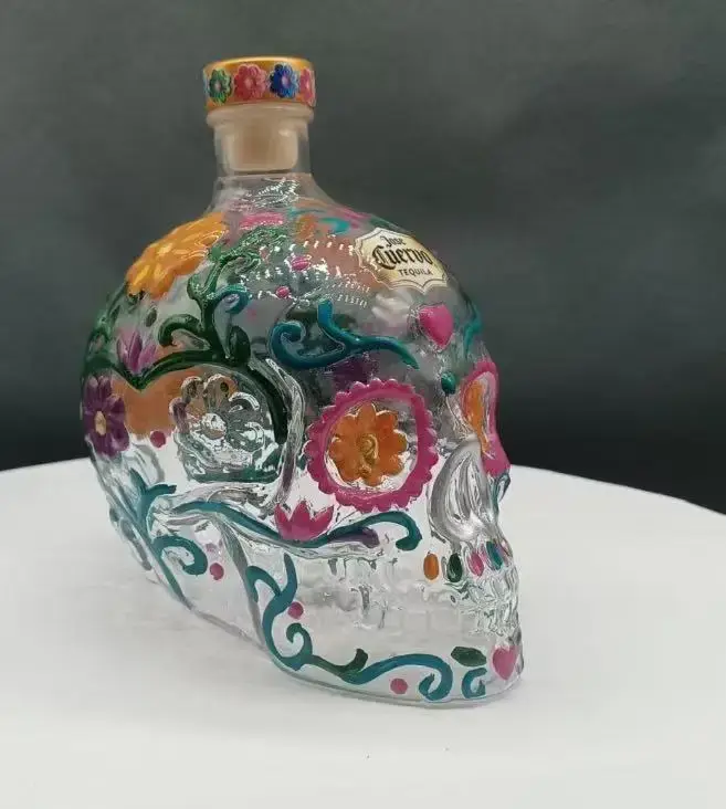 Carafe Crâne Peinte à la Main Jour des Morts, Bouteille de Vin en Verre Unique Mexicaine, Décoration