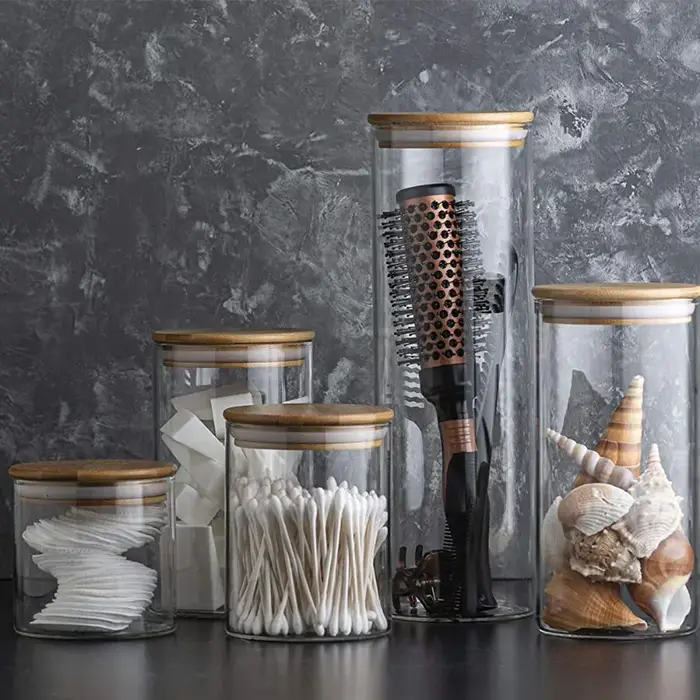 Lot de 5 récipients en verre de 300/550 ml avec couvercle en bois