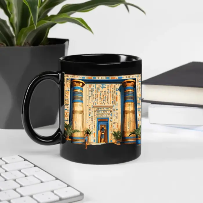 Un temple égyptien noir conçu une tasse en céramique avec hiéroglyphes et colonnes convient à boire du café