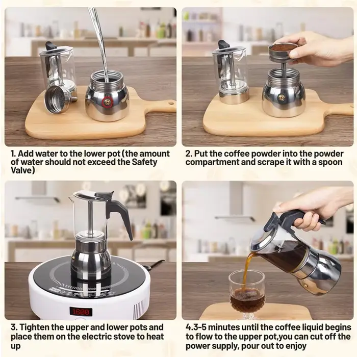 Machine à café italienne en acier inoxydable Moka Pot 9 tasses verre clair cuisinière cafetière expresso 450Ml 15Oz