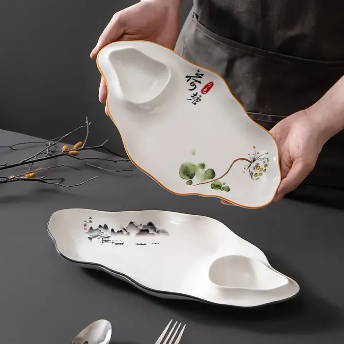 Assiette à raviolis 1 pièce avec coupelle à vinaigre, forme créative spéciale, pour restaurant et usage domestique, assiette à frites et raviolis, vaisselle de table domestique