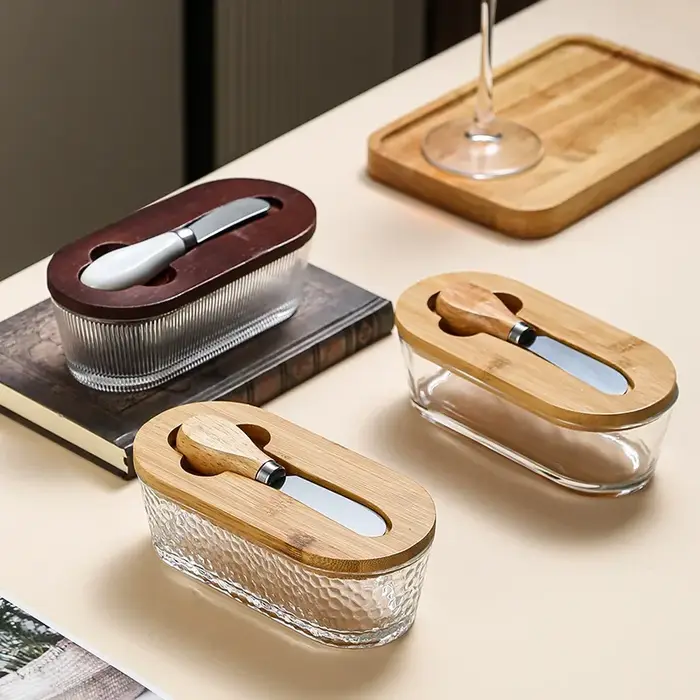 Porte-beurre en verre avec couvercle et couteau à beurre