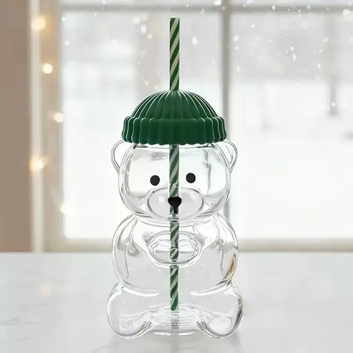 Adorable tasse à café transparente 2025 avec motif d'ours de dessin animé