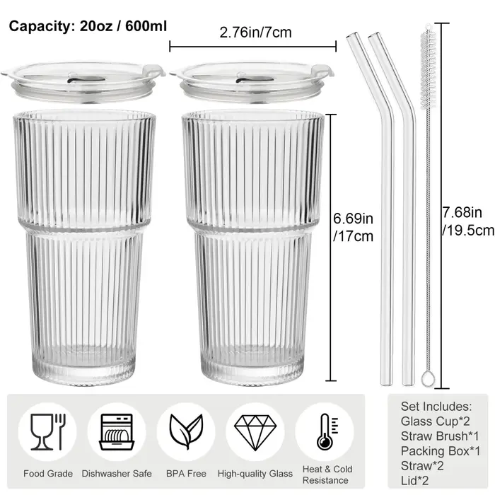 Lot de 2 gobelets en verre côtelé transparent de 20 oz avec paille et couvercle