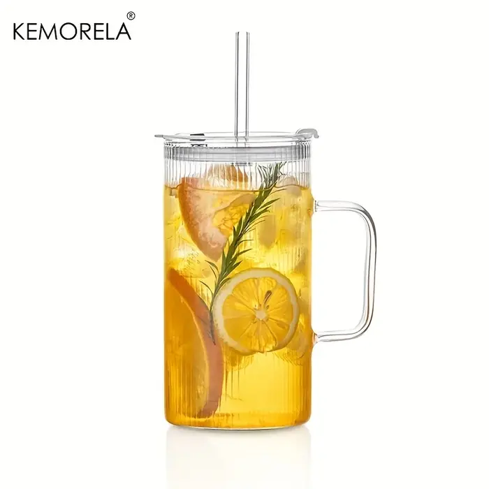 KEMORELA Grand gobelet en verre nervuré de 740 ml avec poignée et couvercle, ensemble de 1/2 gobelet