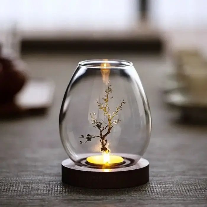 Bougeoirs en verre avec couvercle de tasse rond avec Base en bois