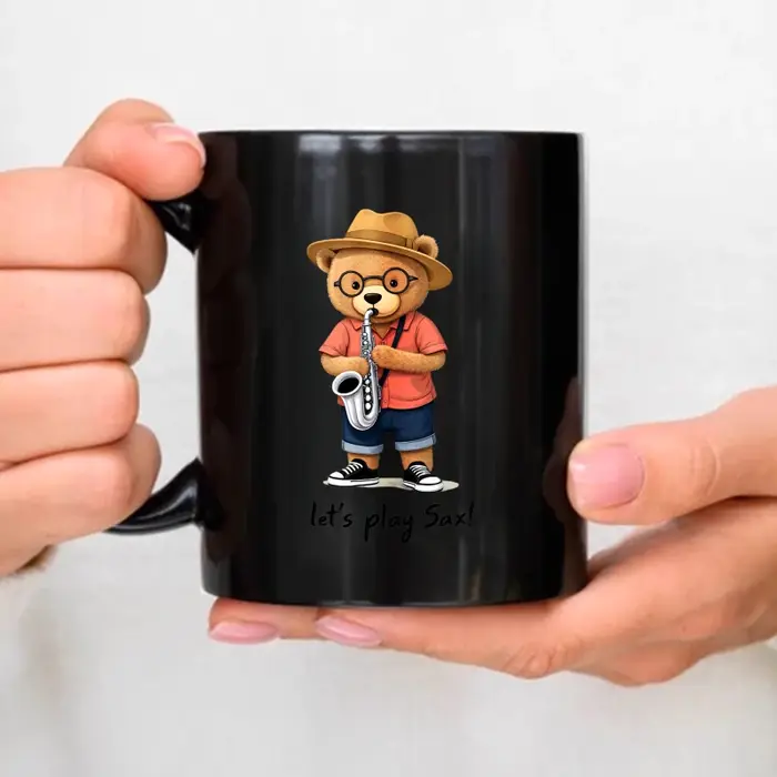 Tasses en céramique, ours noir jouant au saxophone portant des chapeaux et des lunettes