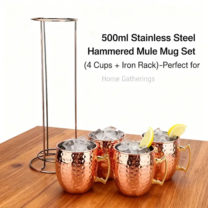 Ensemble de 4 tasses Moscow Mule de 500 ml avec support en fer
