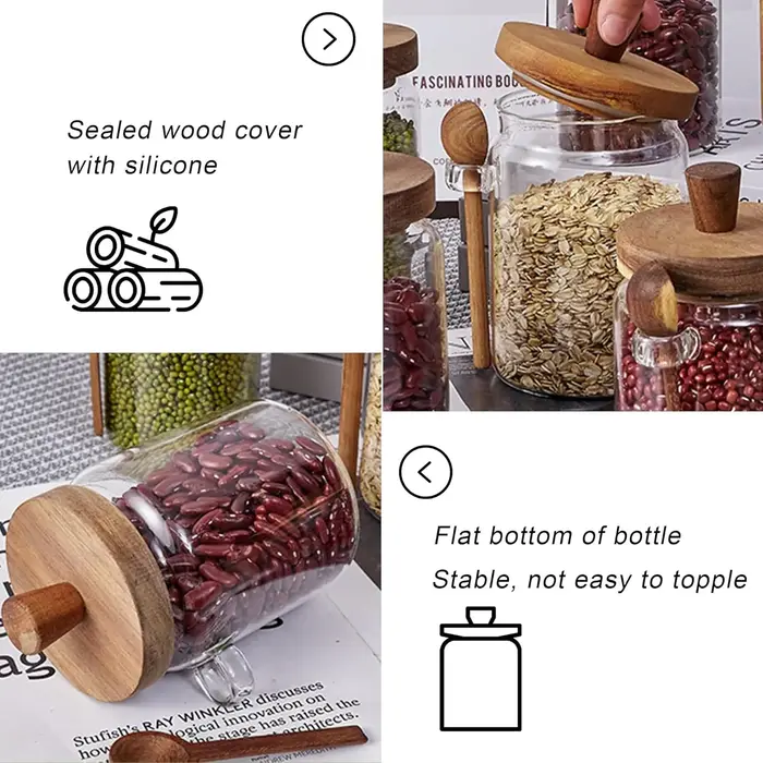 Bocaux en verre de cuisine avec couvercles et cuillère en bois