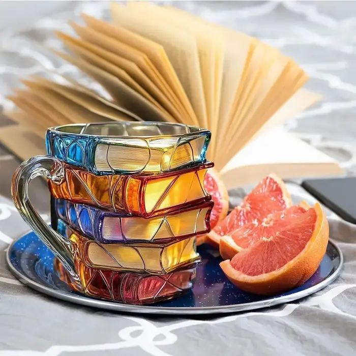 Tasse à livre peinte, tasse à café en verre coloré 3D