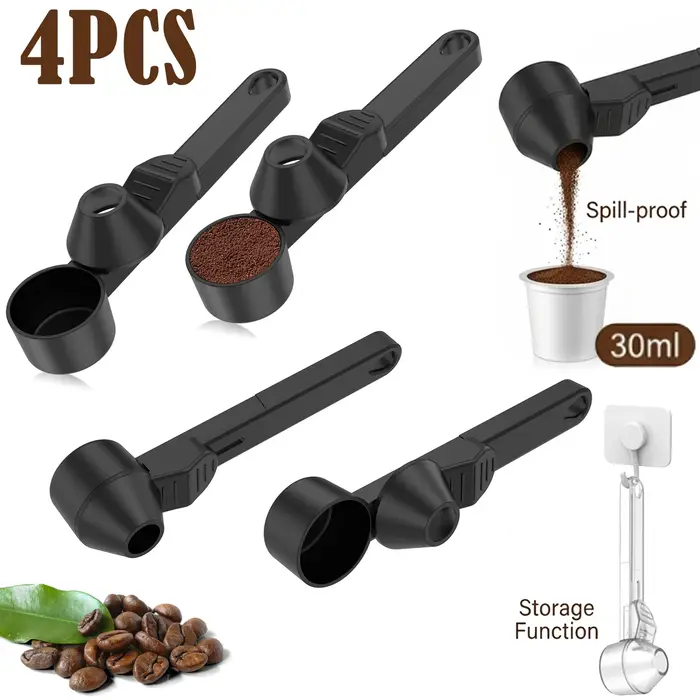 Lot de 4 cuillères à café avec entonnoir pour dosettes de café rechargeables K-Cup, cuillère doseuse de 30 ml avec niveleur coulissant pour café, poudre de protéines