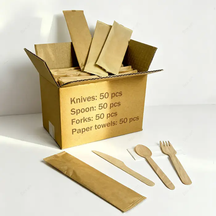 Ensemble de couverts jetables en bois de 50 pièces (couteau + fourchette + cuillère + serviette) fabriqués