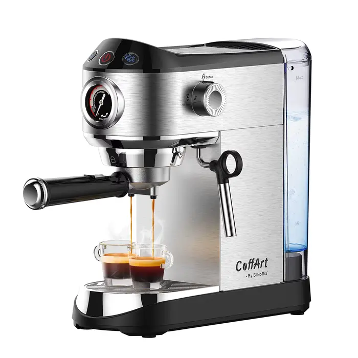 BioloMix – Machine à café semi-automatique en acier inoxydable, 20 bars, avec mousseur à lait, pour 