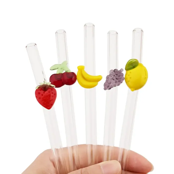 Ensemble de pailles en verre à haute teneur en Borosilicate, 5 pièces, autocollants créatifs pour fruits, thé au lait, jus, paille à Cocktail avec brosse, accessoires de Bar