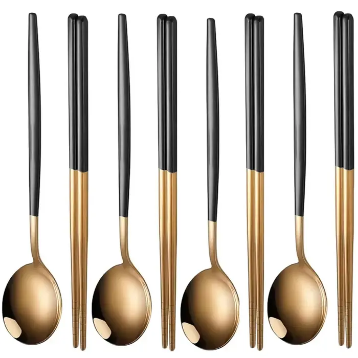 4 pièces ménage noir or ensemble de couverts baguettes cuillère or acier inoxydable cuisine vaisselle