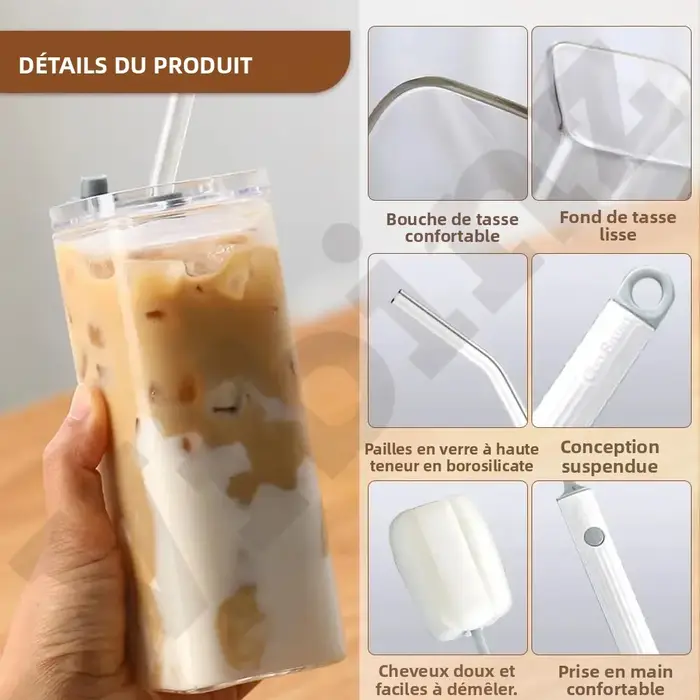 Gobelets carrés en verre avec couvercles/pailles – Ensembles de verres transparents pour café