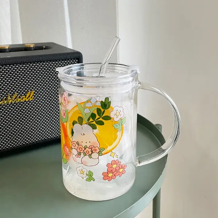 Tasse en verre avec couvercle en paille en forme de lapin mignon, Kawaii, pour café, lait, bière, vi