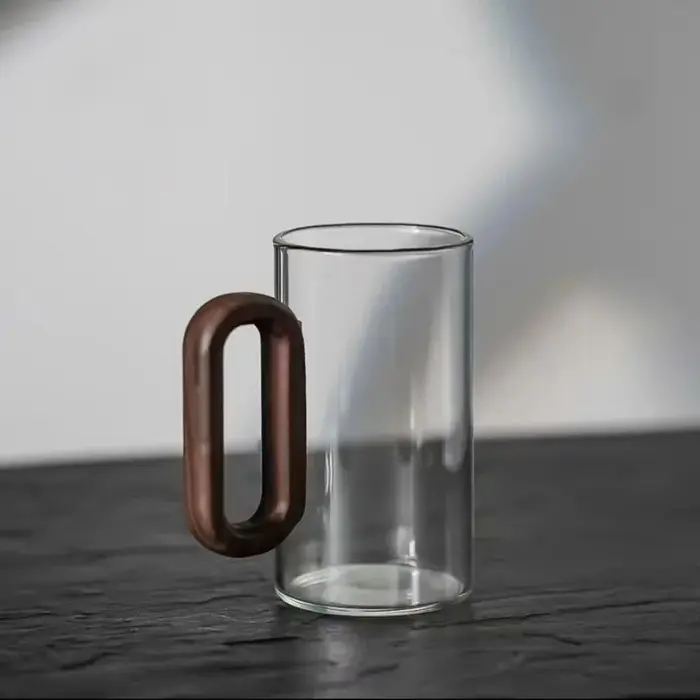 Tasses à thé en verre borosilicate haute résistance à couche unique avec poignée en bois gris fumé