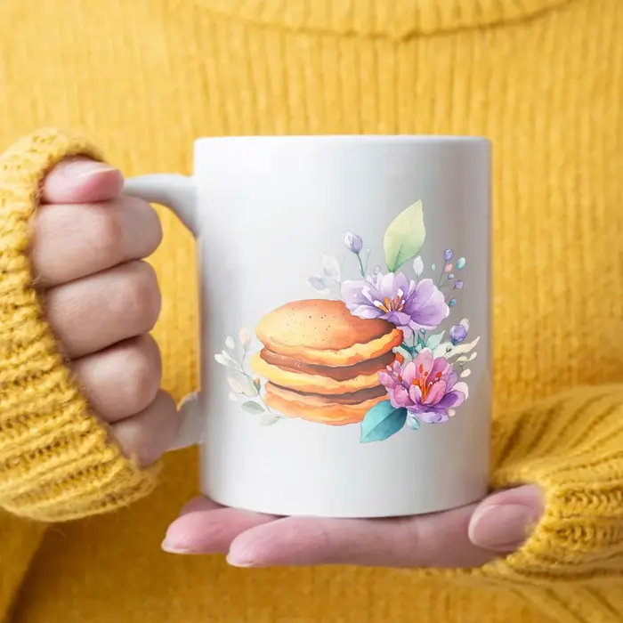 Tasse en céramique, macaron blanc et motif floral