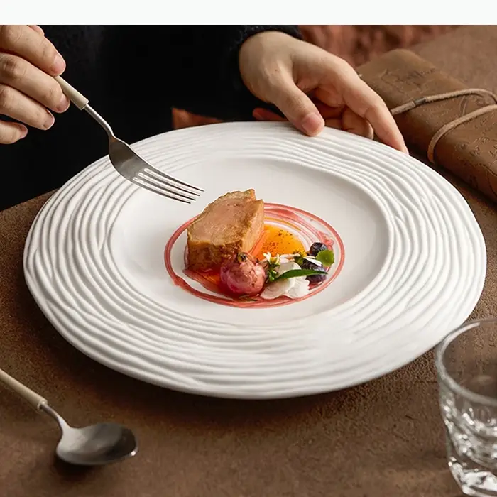 Assiette en céramique à motif ondulé mat, assiette à dessert double couche, assiette à steak, plat à pâtes, assiettes de service, vaisselle de cuisine moléculaire
