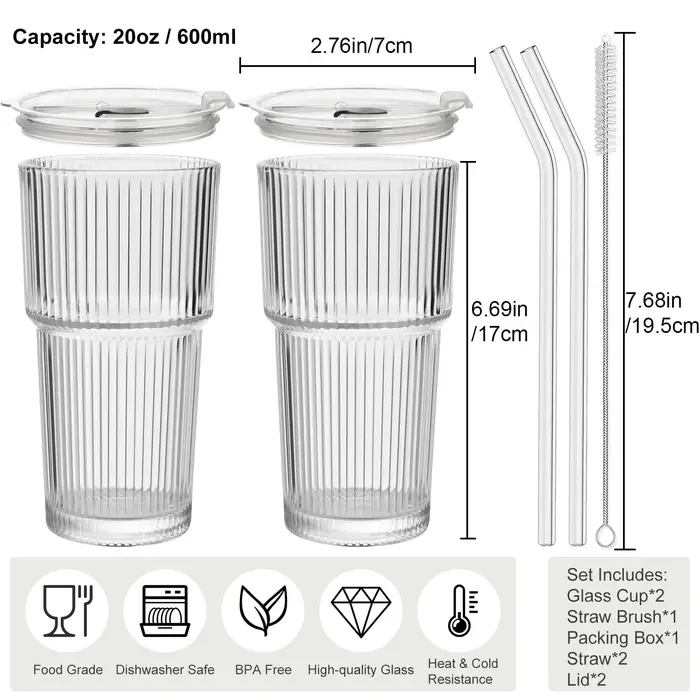 Lot de 2 gobelets à café glacé avec paille et couvercle