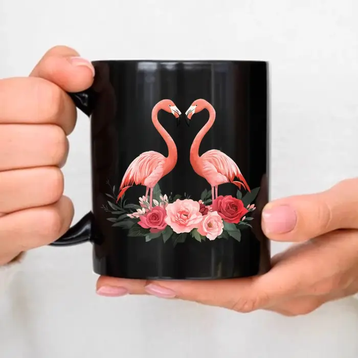Tasse en céramique flamant rose, flamant noir au design floral rose, adaptée au café, au thé ou en c