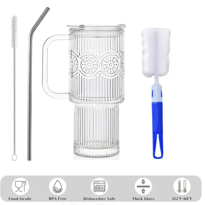 Gobelets en verre côtelés et à motifs floraux de 500 ml avec couvercles/pailles – Tasses réutilisables pour café