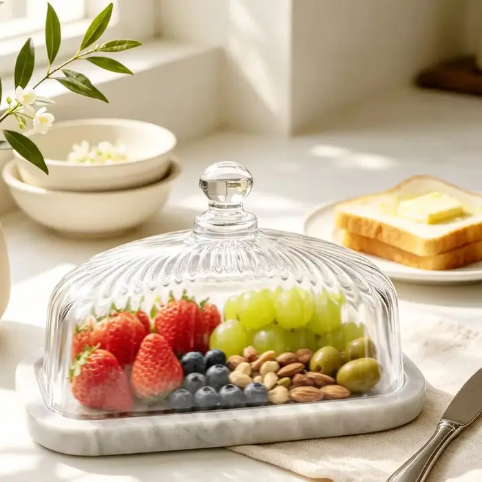 Plateau de service en verre avec base en marbre et couvercle