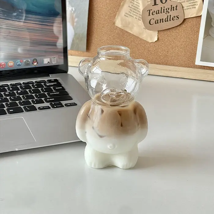 Tasse à café en forme d'ours de dessin animé, tasse en verre avec paille, transparente, créative, po