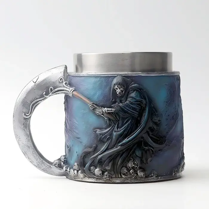Tasse de la Série Grim Reaper en Acier Inoxydable et Résine, Tasse à Café ou à Bière avec Crâne Goth