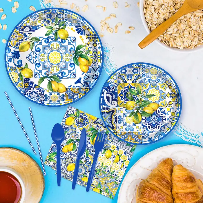 Ensemble de vaisselle jetable en porcelaine bleue et blanche