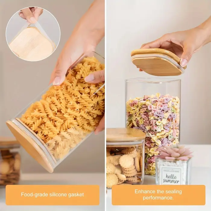 Pot de stockage des aliments en verre avec couvercle en bambou, pot de stockage de cuisine transpare