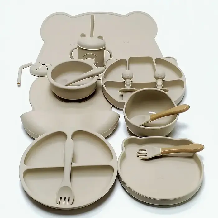 Ensemble d'ustensiles en silicone pour enfants, ensemble d'assiettes queplate, ventouse complémentai