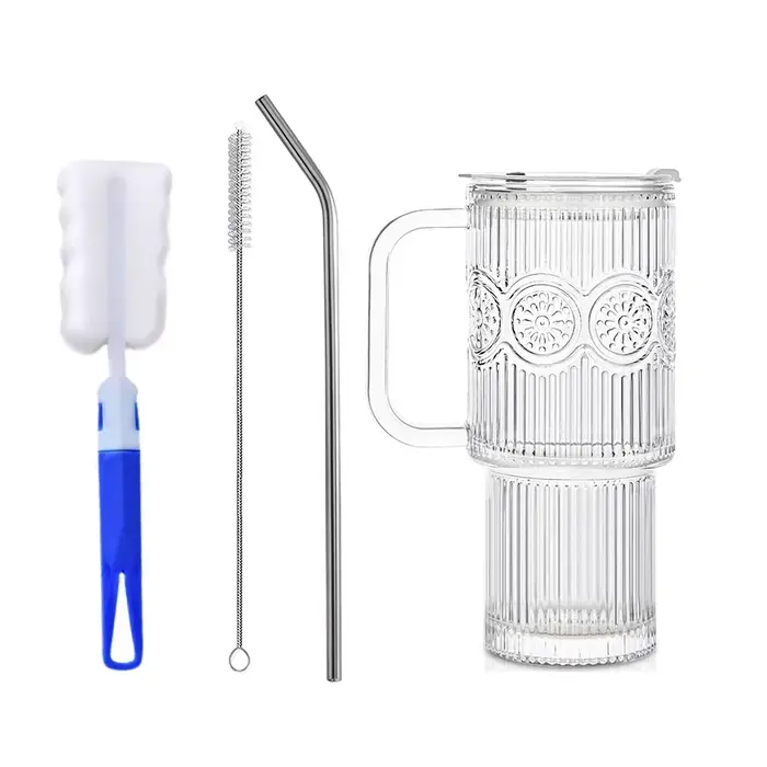 Gobelets en verre côtelés et à motifs floraux de 500 ml avec couvercles/pailles – Tasses réutilisabl