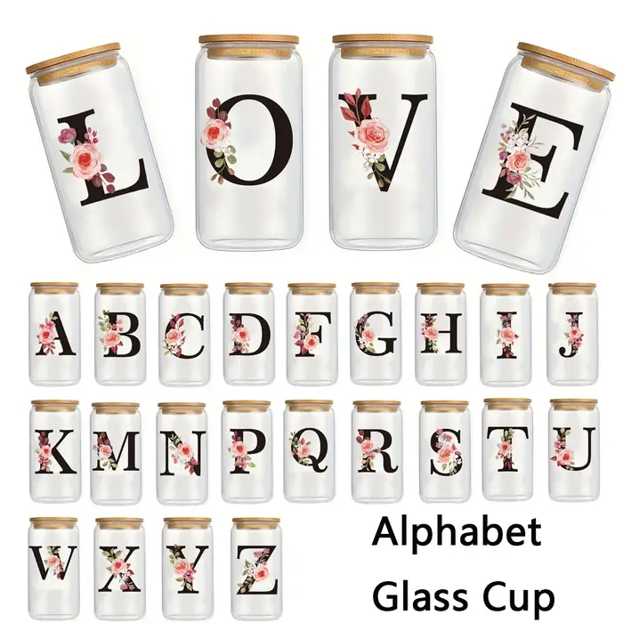 500ml Lettre Fleur A-Z Café standardisation Bureau Maison 16OZ Verre Tasse Avec Bambou Veds et Paille Anniversaire