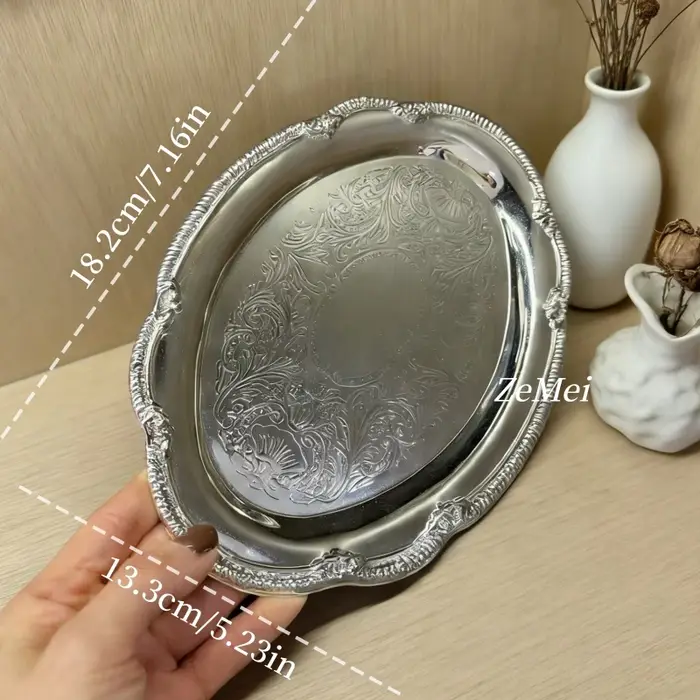 Plateau à gâteau elliptique de style européen, plateau à café en métal sculpté avec soin, plateau cr