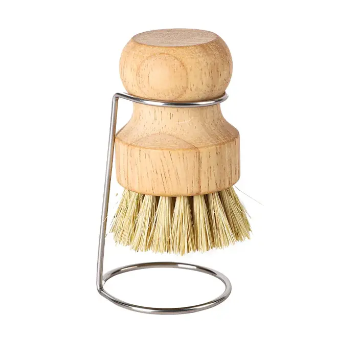 Brosse à vaisselle en bois écologique, éponge à poils de sisal durables avec support en acier inoxyd
