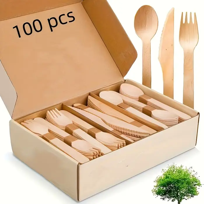 Un ensemble de couverts en bois de qualité supérieure – 100/200 ustensiles jetables (50/100 fourchettes