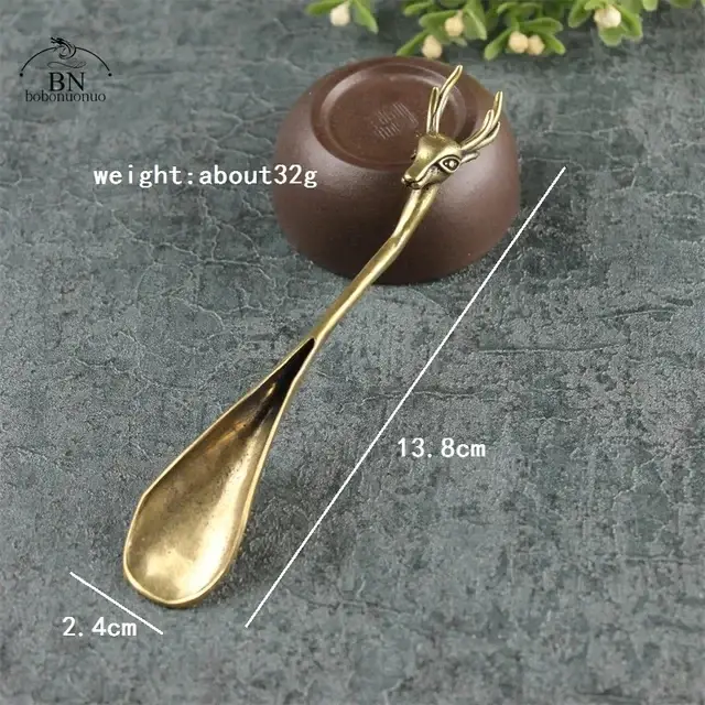 Cuillère à thé en laiton vintage, tête de cerf, tête de dharma, pelle à café, cuillère à thé noire, 