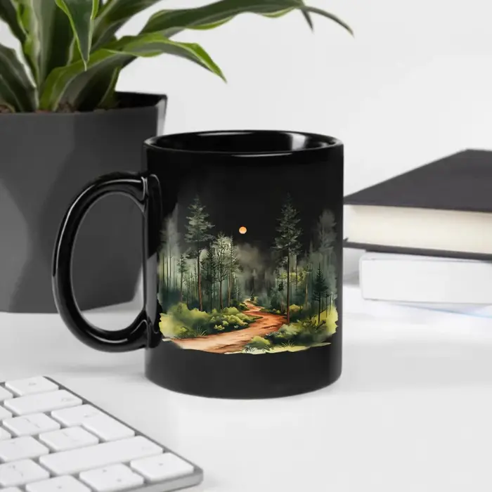 Tasse en céramique, sentier de la forêt noire avec motif lune et arbre